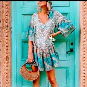 Boho Peasant Rayon Dress with Bell Flutter Sleeves